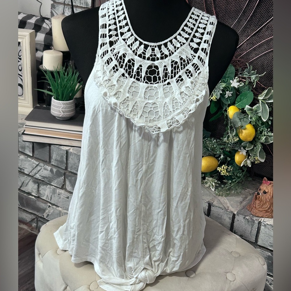 Clearance CY Fashion white Boutique Crochet Sleeveless Flowy Boho Tunic Dress S